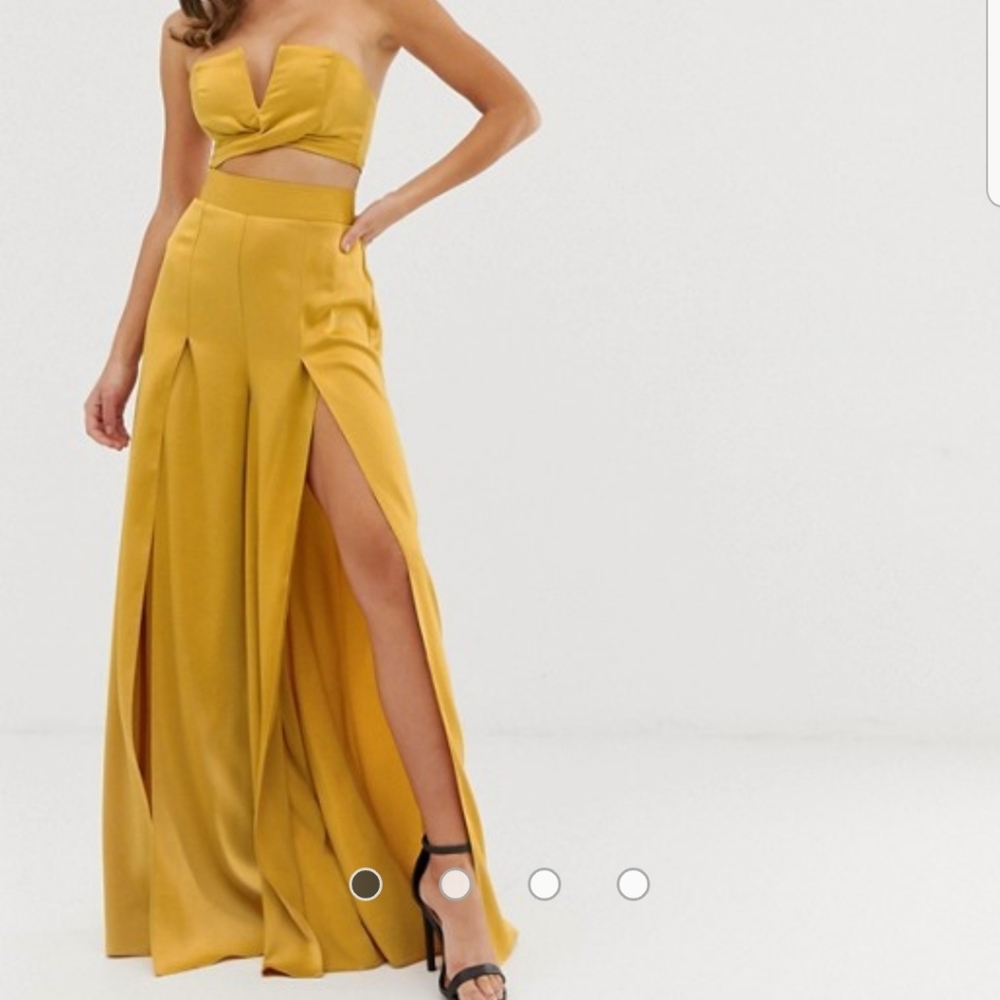 Gold Two Piece Satin Pant Set with Splits